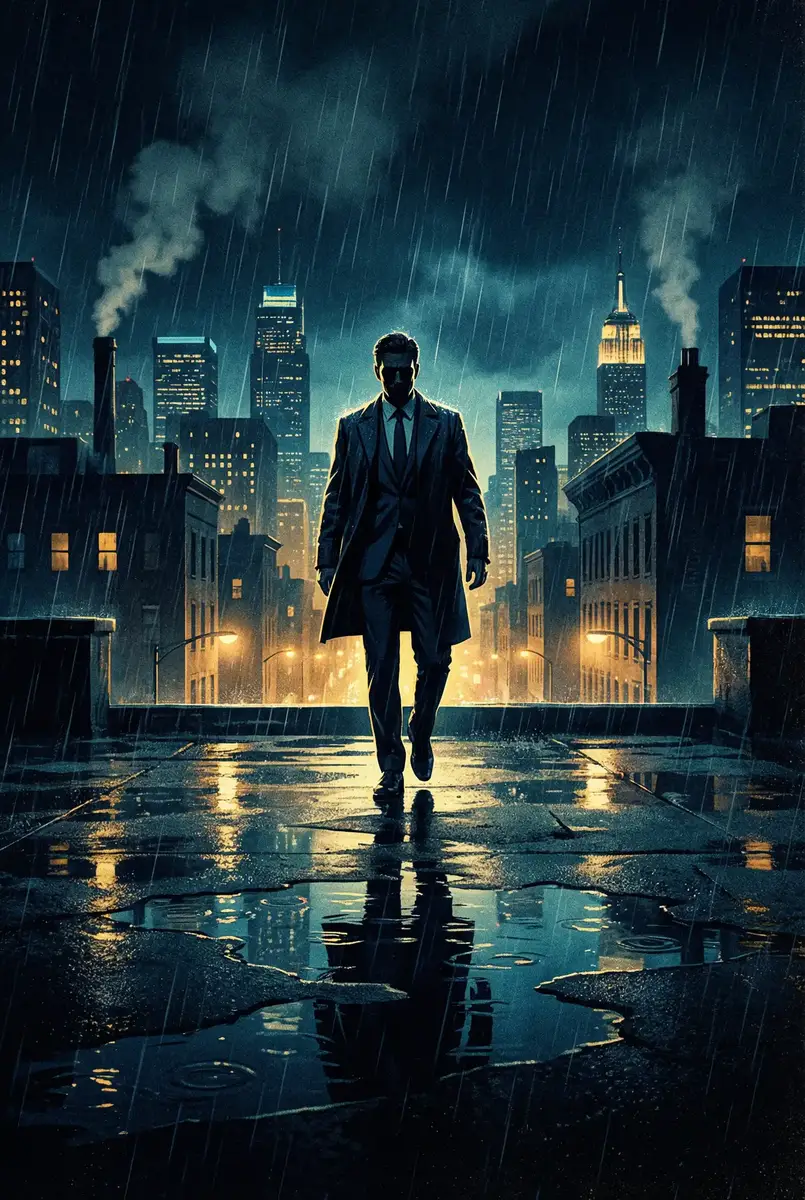 无翼乌肉翻 出品影片《雨夜独行者》海报，雨中城市屋顶男性剪影